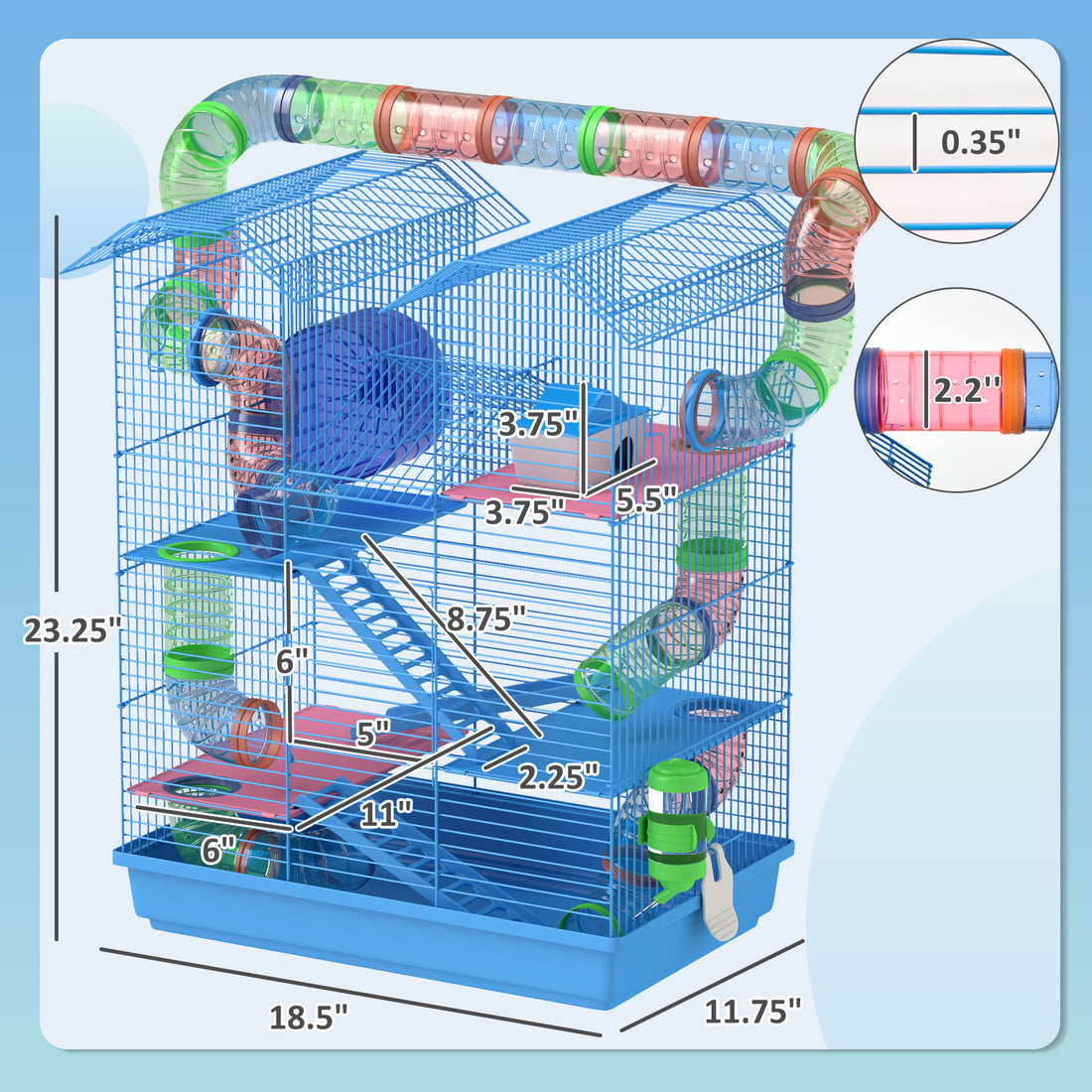 18.5" 5 Tier Hamster Cage with Tubes and Tunnels, Small Animal Cage, Rat Gerbil Cage with Water Bottle, Food Dish, Exercise Wheel, Blue