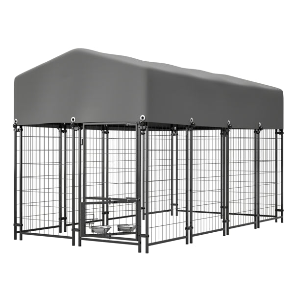 Dog Kennel Outdoor With Roof, 4.23'x7.81'x4.83' Welded Wire Enclosure, Heavy Duty Dog Crate With UV-Resistant Waterproof Cover, Double Lock & Rotating Feeder For Medium/Large Dogs
