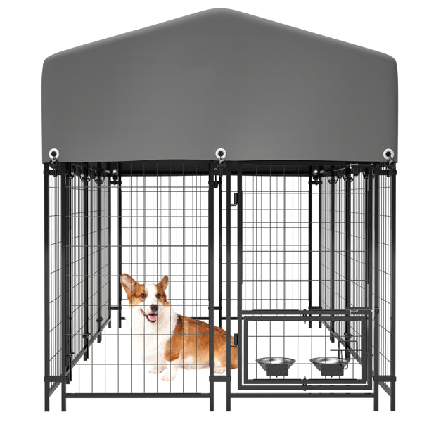 Dog Kennel Outdoor With Roof, 4.23'x7.81'x4.83' Welded Wire Enclosure, Heavy Duty Dog Crate With UV-Resistant Waterproof Cover, Double Lock & Rotating Feeder For Medium/Large Dogs