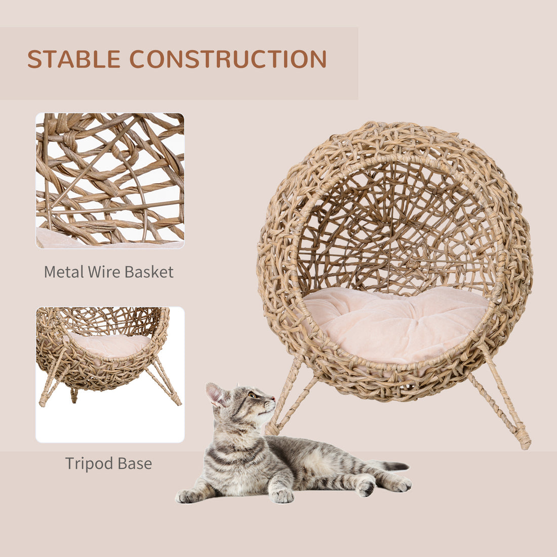 20.5" Weaved Cat Bed, Elevated Hand-woven Braided Banana Leaf Kitten House Condo with Cushion, Beige