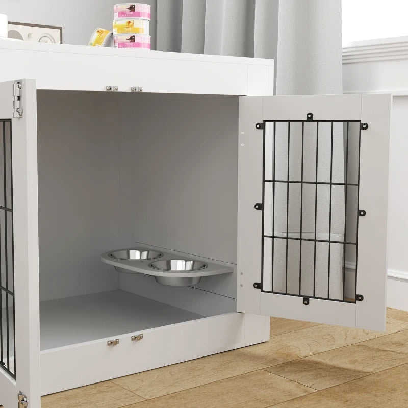 PawHut Dog Crate Furniture With 360 Rotatable Removable Dog Bowls, Dog Kennel Furniture For Medium Dogs, White