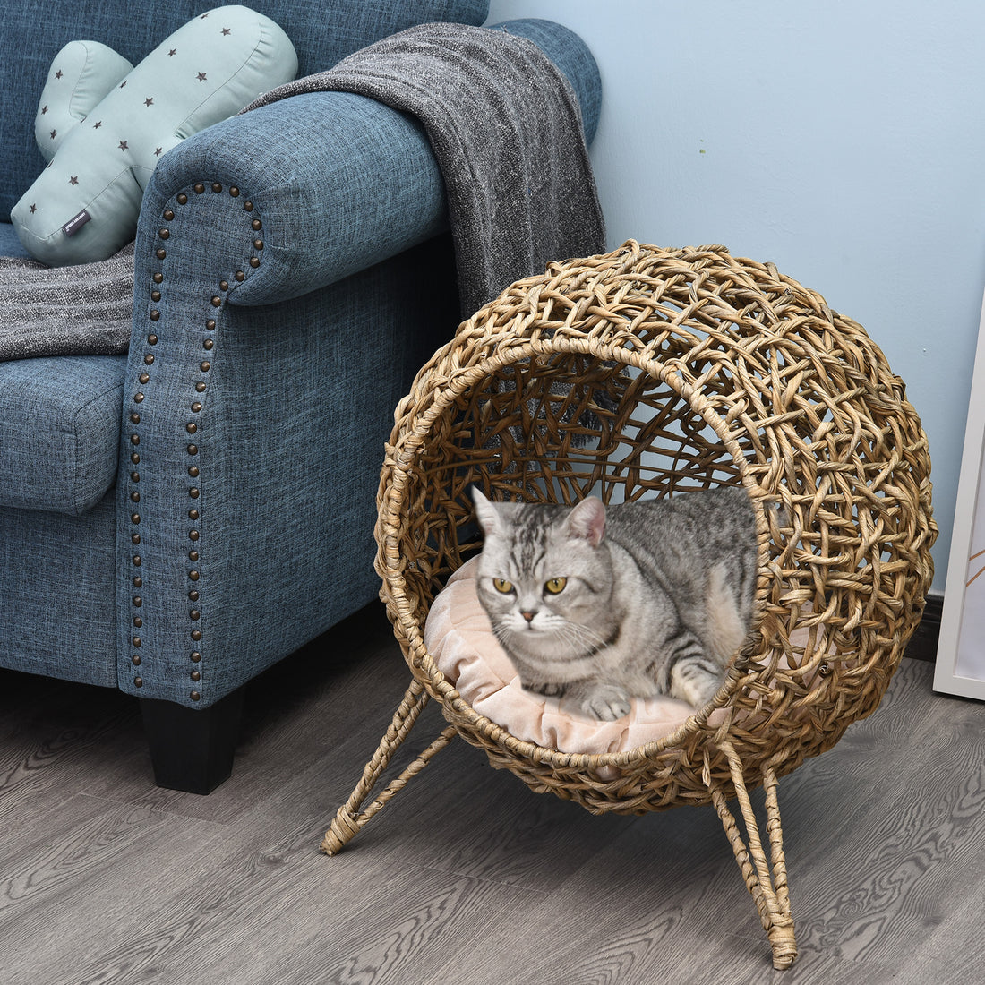20.5" Weaved Cat Bed, Elevated Hand-woven Braided Banana Leaf Kitten House Condo with Cushion, Beige