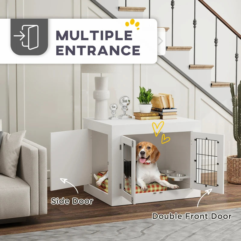 PawHut Dog Crate Furniture With 360 Rotatable Removable Dog Bowls, Dog Kennel Furniture For Medium Dogs, White