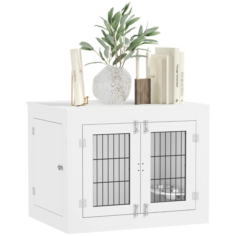 PawHut Dog Crate Furniture With 360 Rotatable Removable Dog Bowls, Dog Kennel Furniture For Medium Dogs, White