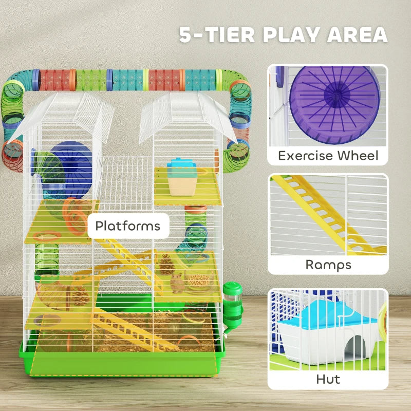 PawHut 5 Tier Hamster Cage With Tubes And Tunnels, Small Animal Cage, Rat Gerbil Cage With Water Bottle, Food Dish, Exercise Wheel, Green