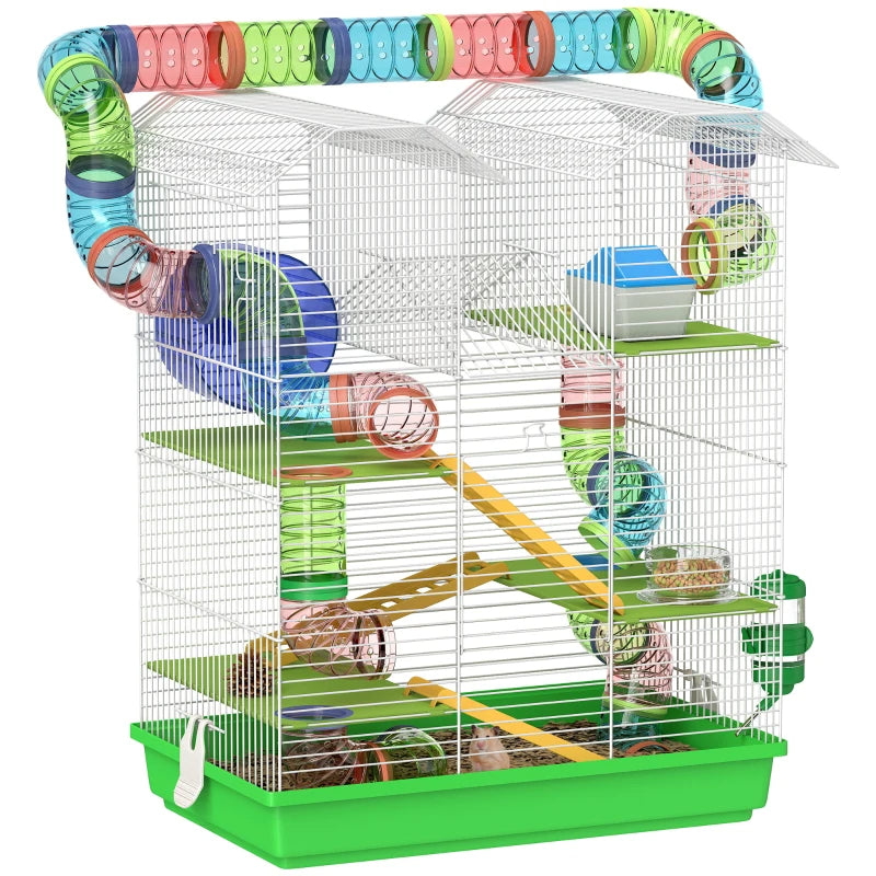 PawHut 5 Tier Hamster Cage With Tubes And Tunnels, Small Animal Cage, Rat Gerbil Cage With Water Bottle, Food Dish, Exercise Wheel, Green