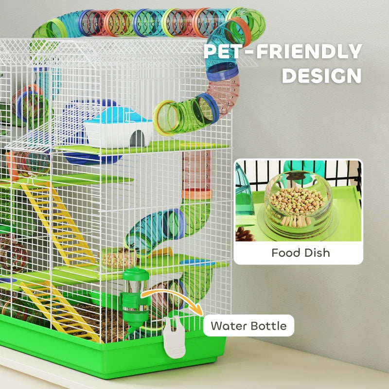 PawHut 5 Tier Hamster Cage With Tubes And Tunnels, Small Animal Cage, Rat Gerbil Cage With Water Bottle, Food Dish, Exercise Wheel, Green